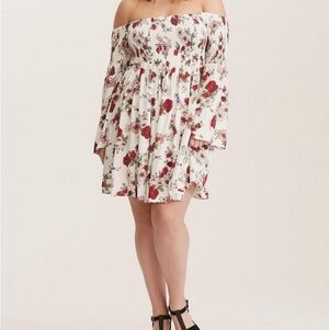 Torrid Mini Challis off-shoulder white floral bell sleeve smocked skater dress 1